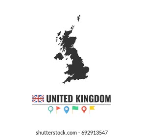 High detailed vector map of United Kingdom. Name country, flag and pointer set. Flat vector illustration.