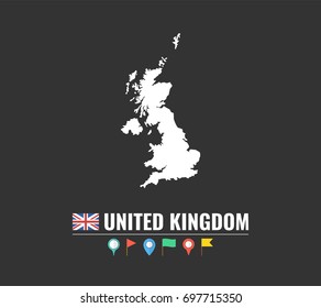 High detailed vector map of United Kingdom. Name country, flag and pointer set. Flat vector illustration.