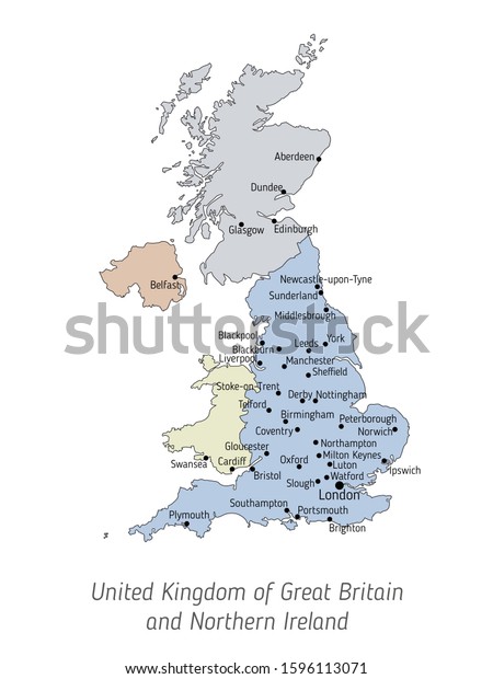High detailed\
vector map - United Kingdom of Great Britain and Northern Ireland.\
Silhouette isolated on white background. Vector illustration. Map\
of the UK with city names