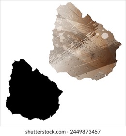 High detailed vector map. Uruguay. Set of two cards. Watercolor style. Brown color. Black card.