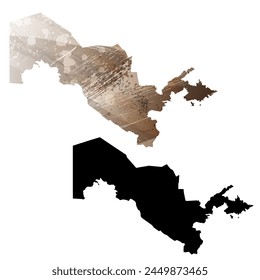Mapa de Vector detallado. Uzbekistán. Juego de dos cartas. Estilo acuarela. Color marrón. Tarjeta negra.