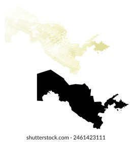 Mapa de Vector detallado. Uzbekistán. Juego de dos cartas. Estilo acuarela. Color limón amarillo. Tarjeta negra.
