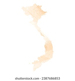 High detailed vector map. Vietnam. Watercolor Style. Apricot delicate color.