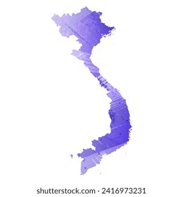 High detailed vector map. Vietnam. Watercolor style. Aspid blue color. A violet, delicate, pastel color.