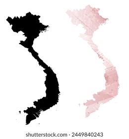 High detailed vector map. Vietnam. Set of two cards. Watercolor style. Pink color. Black card.