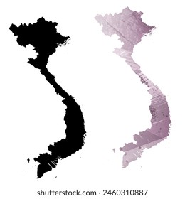 Mapa de Vector detallado. Vietnam. Juego de dos cartas. Estilo acuarela. Color púrpura. Tarjeta negra.