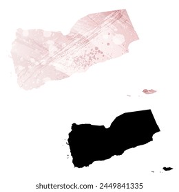 High detailed vector map. Yemen. Set of two cards. Watercolor style. Pink color. Black card.