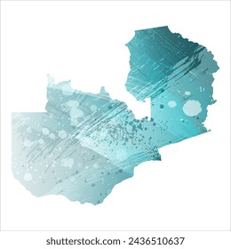 High detailed vector map. Zambia. Watercolor style. Turquoise blue color. Blue is a deep color.