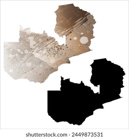 High detailed vector map. Zambia. Set of two cards. Watercolor style. Brown color. Black card.