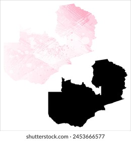 Mapa de Vector detallado. Zambia. Juego de dos cartas. Estilo acuarela. Color rosa. Tarjeta negra.