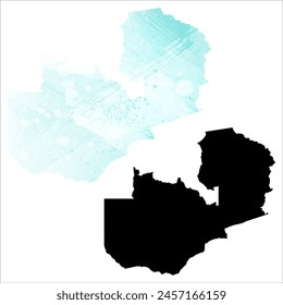 High detailed vector map. Zambia. Set of two maps. Watercolor style. Blue color. Black map.