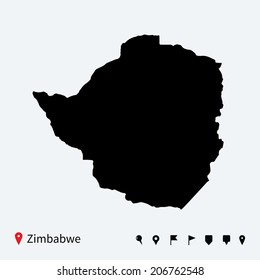 High detailed vector map of Zimbabwe with navigation pins.