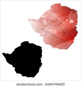 High detailed vector map. Zimbabwe. Set of two cards. Watercolor style. Red color. Black card.
