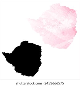 Mapa de Vector detallado. Zimbabue Juego de dos cartas. Estilo acuarela. Color rosa. Tarjeta negra.