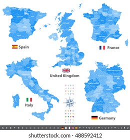 high detailed vector maps of United Kingdom, Italy, Germany, France and Spain with administrative divisions. All layers detachable and labeled.