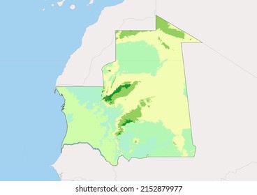 High detailed vector Mauritania physical map, topographic map of Mauritania on white with rivers, lakes and neighbouring countries. Vector map suitable for large prints and editing.