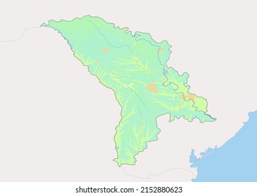 High detailed vector Moldova physical map, topographic map of Moldova on white with rivers, lakes and neighbouring countries. Vector map suitable for large prints and editing.