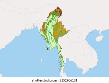 Mapa físico detallado del vector alto Myanmar, mapa topográfico de Myanmar sobre blanco con ríos, lagos y países vecinos. Mapa vectorial adecuado para grandes impresiones y edición.