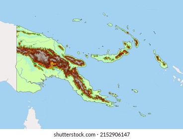 High detailed vector Papua New Guinea physical map, topographic map of Papua New Guinea on white with rivers, lakes and neighbouring countries. Vector map suitable for large prints and editing.