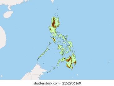 High detailed vector Philippines physical map, topographic map of Philippines on white with rivers, lakes and neighbouring countries. Vector map suitable for large prints and editing.