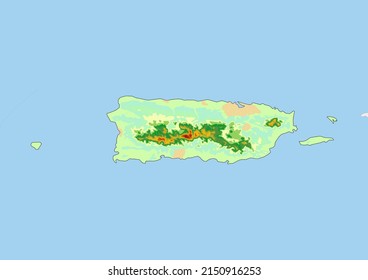 Mapa físico de vector alto detallado de Puerto Rico, mapa topográfico de Puerto Rico sobre blanco con ríos, lagos y países vecinos. Mapa vectorial adecuado para grandes impresiones y edición.