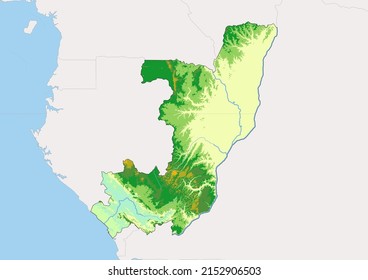Mapa físico detallado de la República del Congo, mapa topográfico de la República del Congo sobre blanco con ríos, lagos y países vecinos. 