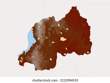 High detailed vector Rwanda physical map, topographic map of Rwanda on white with rivers, lakes and neighbouring countries. Vector map suitable for large prints and editing.