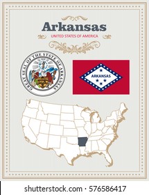 High detailed vector set with flag, coat of arms, map of Arkansas. American poster. Greeting card from United States of America.