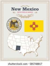 High detailed vector set with flag, coat of arms, map of New Mexico. American poster. Greeting card from United States of America. Colorful design