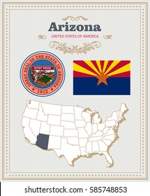 High detailed vector set with flag, coat of arms, map of Arizona. American poster. Greeting card from United States of America. Colorful design