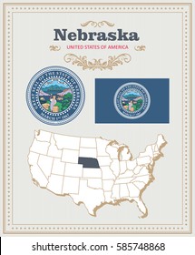 High detailed vector set with flag, coat of arms, map of Nebraska. American poster. Greeting card from United States of America. Colorful design