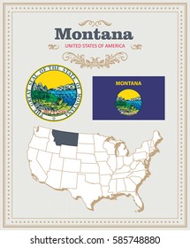 High detailed vector set with flag, coat of arms, map of Montana. American poster. Greeting card from United States of America. Colorful design