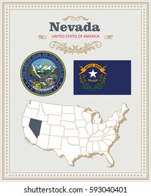 High detailed vector set with flag, coat of arms, map of Nevada. American poster. Greeting card from United States of America. Colorful design