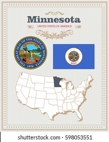 High detailed vector set with flag, coat of arms, map of Minnesota. American poster. Greeting card from United States of America. Colorful design