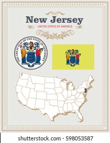 High detailed vector set with flag, coat of arms, map of New Jersey. American poster. Greeting card from United States of America. Colorful design