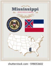 High detailed vector set with flag, coat of arms, map of Mississippi. American poster. Greeting card from United States of America. Colorful design