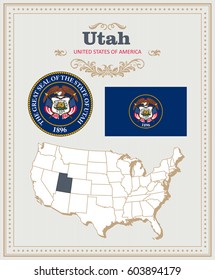 High detailed vector set with flag, coat of arms, map of Utah. American poster. Greeting card from United States of America. Colorful design