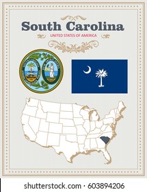 High detailed vector set with flag, coat of arms, map of South Carolina. American poster. Greeting card from United States of America. Colorful design