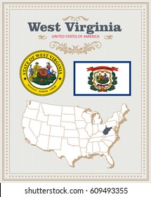 High detailed vector set with flag, coat of arms, map of West Virginia. American poster. Greeting card from United States of America. Colorful design