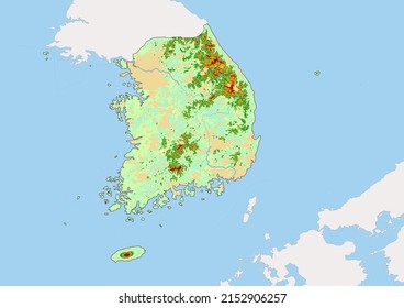 High detailed vector South Korea physical map, topographic map of South Korea on white with rivers, lakes and neighbouring countries. Vector map suitable for large prints and editing.