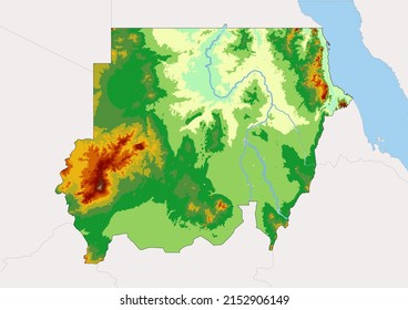 High detailed vector Sudan physical map, topographic map of Sudan on white with rivers, lakes and neighbouring countries. Vector map suitable for large prints and editing.