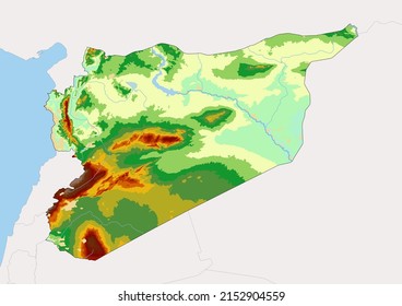 High detailed vector Syria physical map, topographic map of Syria on white with rivers, lakes and neighbouring countries. Vector map suitable for large prints and editing.