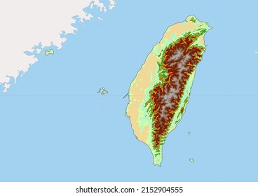 Mapa físico taiwanés de alto nivel, mapa topográfico de Taiwán en blanco con ríos, lagos y países vecinos. Mapa vectorial adecuado para grandes impresiones y edición.
