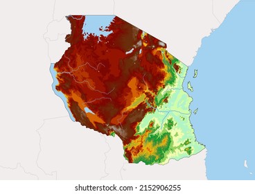 High detailed vector Tanzania physical map, topographic map of Tanzania on white with rivers, lakes and neighbouring countries. Vector map suitable for large prints and editing.