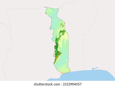 Mapa físico detallado del vector Togo, mapa topográfico de Togo sobre blanco con ríos, lagos y países vecinos. Mapa vectorial adecuado para grandes impresiones y edición.