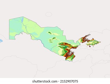High detailed vector Uzbekistan physical map, topographic map of Uzbekistan on white with rivers, lakes and neighbouring countries. Vector map suitable for large prints and editing.
