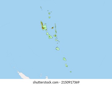 High detailed vector Vanuatu physical map, topographic map of Vanuatu on white with rivers, lakes and neighbouring countries. Vector map suitable for large prints and editing.