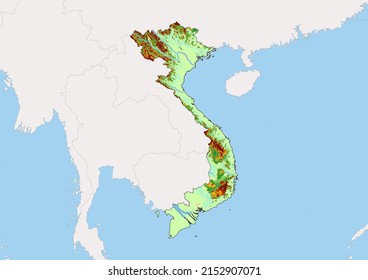High detailed vector Vietnam physical map, topographic map of Vietnam on white with rivers, lakes and neighbouring countries. Vector map suitable for large prints and editing.