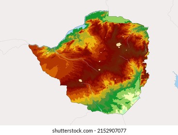 High detailed vector Zimbabwe physical map, topographic map of Zimbabwe on white with rivers, lakes and neighbouring countries. Vector map suitable for large prints and editing.