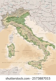 High detailed Vintage Italy physical map with labeling.